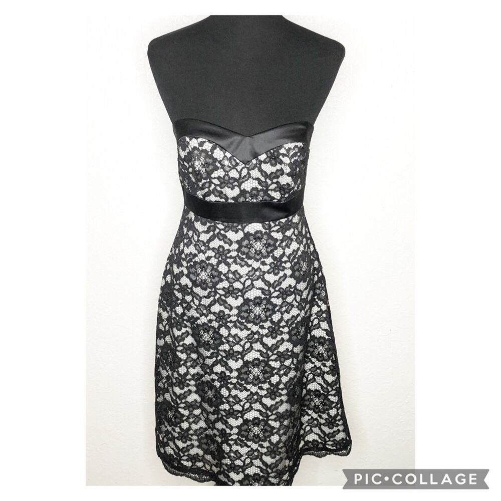 WHBM black and white floral lace overlay strapless dress size 4